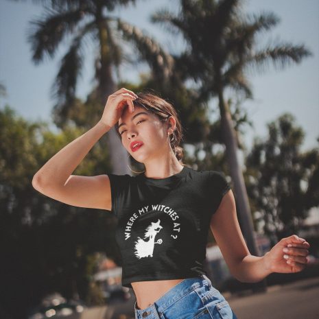 Where My Witches At Womens Organic Black Crop Top
