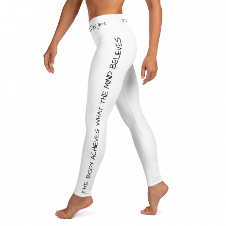 Motivational White Yoga Leggings For Women - Body achieves what mind believes